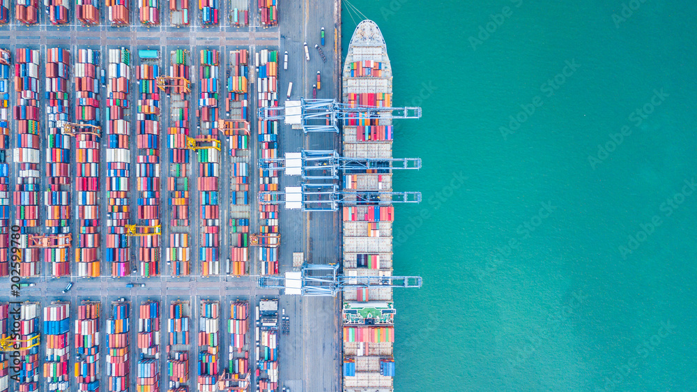 Aerial top view container cargo ship, Boat carrier business import export logistic and transportation of International by container cargo freight ship in the open sea, China. - obrazy, fototapety, plakaty 