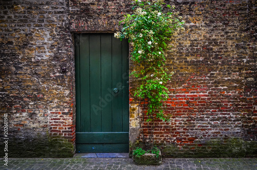 Old vintage brick wall with rusty door and flowers, Bruges