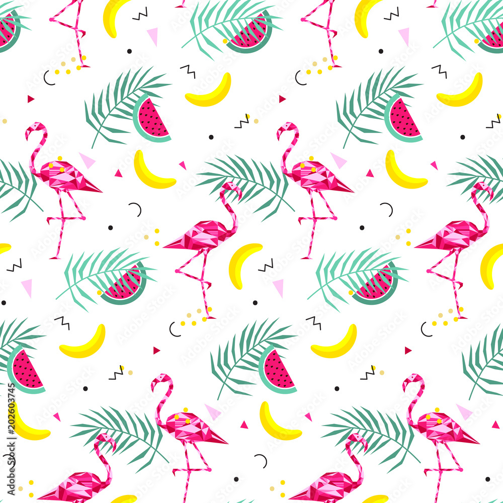 Tropical trendy seamless pattern with pink flamingos, and palm leaves. Summer, Exotic Hawaii art background, memphis style. Design for fabric, wallpaper, textile and decor.