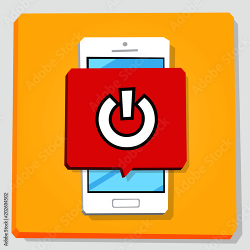 3d vector illustration of smartphone. Isometric flat design. Mobile phone window with turn off button above the screen. Reset or power off sign on red background.