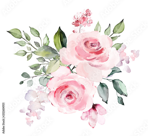decorative watercolor flowers. floral illustration, Leaf and buds. Botanic composition for wedding or greeting card. branch of flowers - abstraction roses, romantic