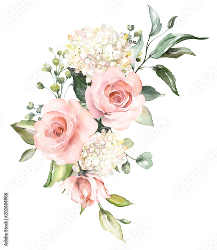  watercolor flowers. floral illustration, Leaf and buds. Botanic composition for wedding or greeting card.  branch of flowers - abstraction roses, hydrangea © lisima