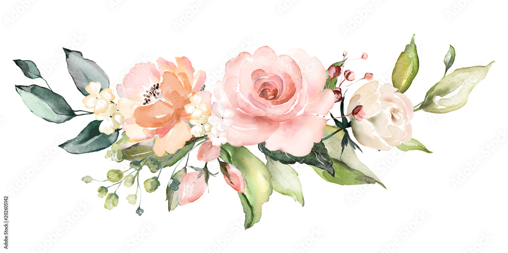 watercolor flowers. floral illustration, Leaf and buds. Botanic composition for wedding or greeting card.  branch of flowers - abstraction roses