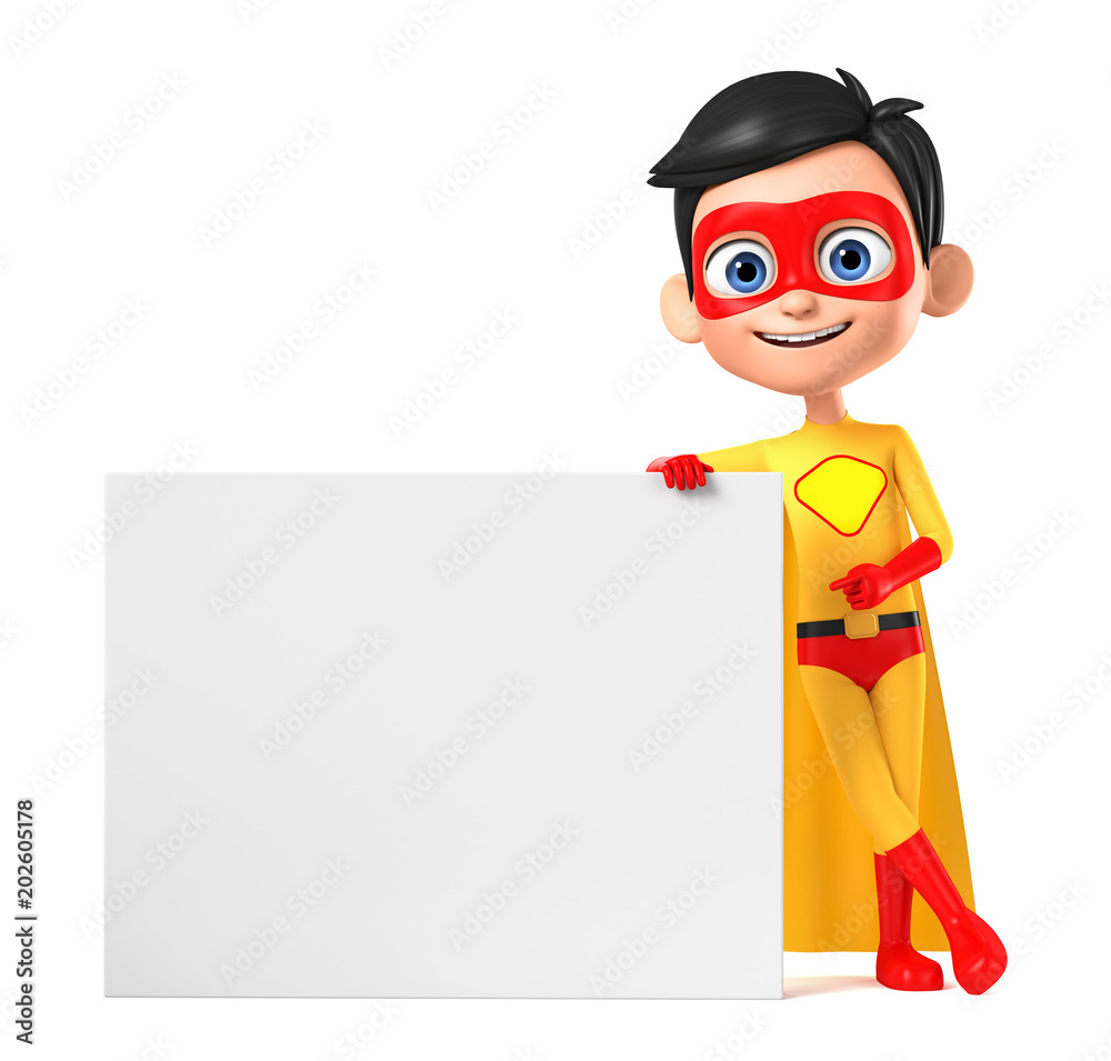 Cheerful boy super hero in a yellow suit leans against a blank board and shows a finger on a white background. 3d render illustration.