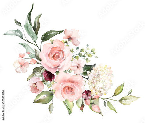 kwiaty w akwarela. ilustracja kwiatowa, liść i pąki. Botaniczny skład dla ślubu lub kartka z pozdrowieniami. gałąź kwiatów - róże abstrakcyjne, hortensja
