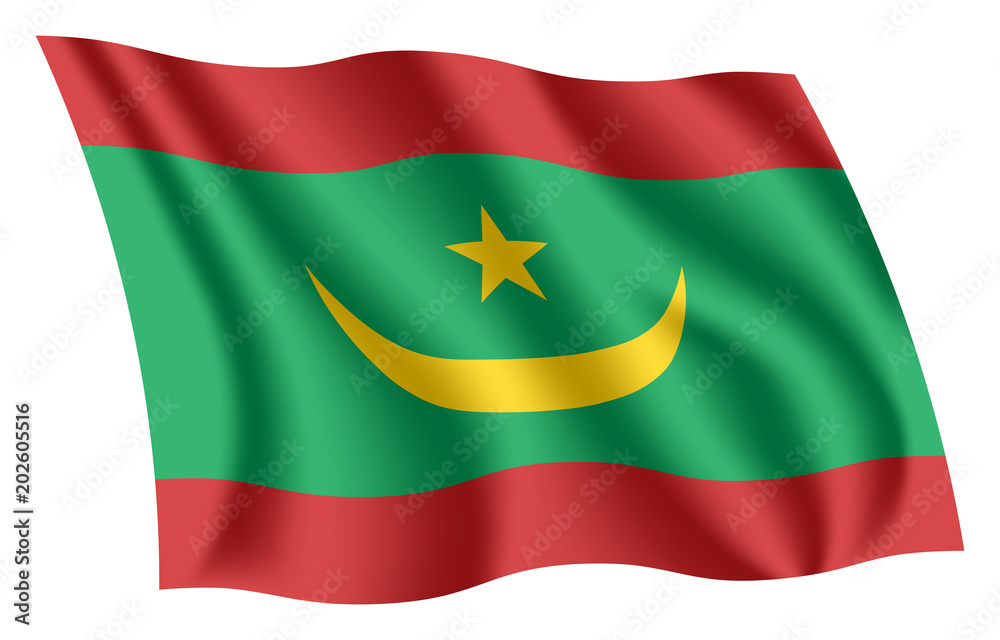Mauritania flag. Isolated national flag of Mauritania. Waving flag of the Islamic Republic of Mauritania. Fluttering textile mauritanian flag. Mauritania flag. Isolated national flag of Mauritania. Waving flag of the Islamic Republic of Mauritania. Fluttering textile mauritanian flag.