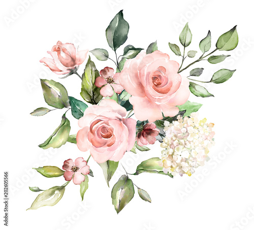  watercolor flowers. floral illustration, Leaf and buds. Botanic composition for wedding or greeting card.  branch of flowers - abstraction roses, romantic