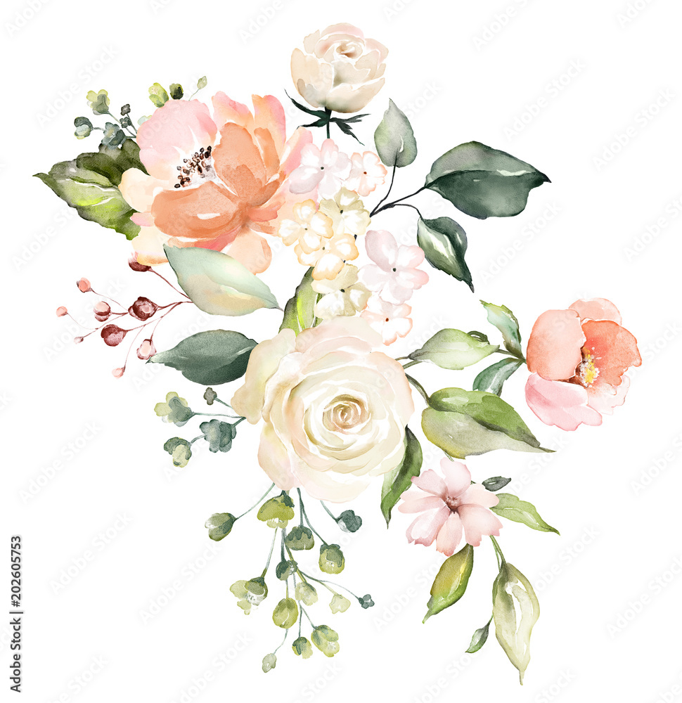 watercolor flowers. floral illustration, Leaf and buds. Botanic ...