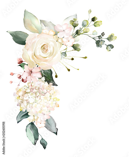 Naklejka na ścianę akwarela kwiaty. ilustracja kwiatowa, liść i pąki. Kompozycja botaniczna na ślub lub kartkę z życzeniami. gałąź kwiatów - róże abstrakcji, hortensja