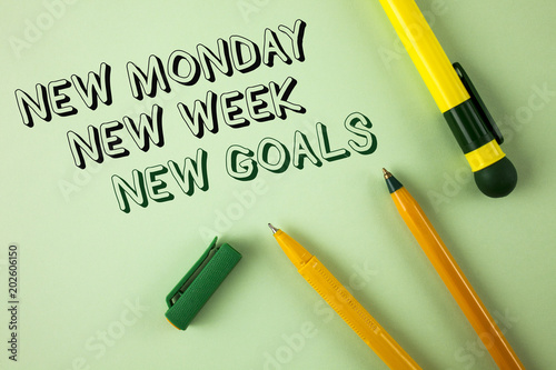 Word writing text New Monday New Week New Goals. Business concept for next week resolutions To do list Goals Targets written on Plain Green background Pens next to it. photo