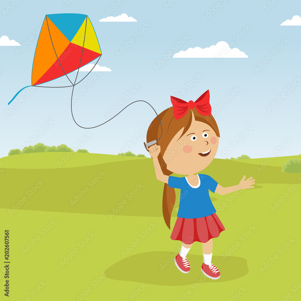 Φωτογραφία Cute happy child girl with a kite running on meadow in summer in nature