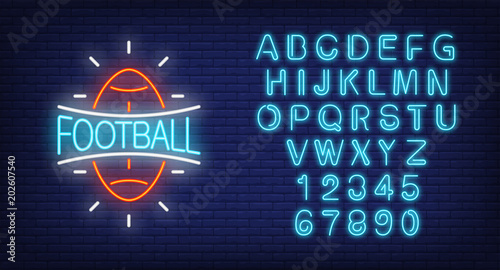 Football and alphabet neon sign set. Rugby ball shape and blue letters and numbers. Night bright advertisements. Vector illustrations in neon style for sport bar or online broadcasting