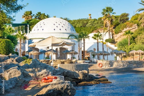 View of Kalithea bay with white Dome (Rhodes, Greece)