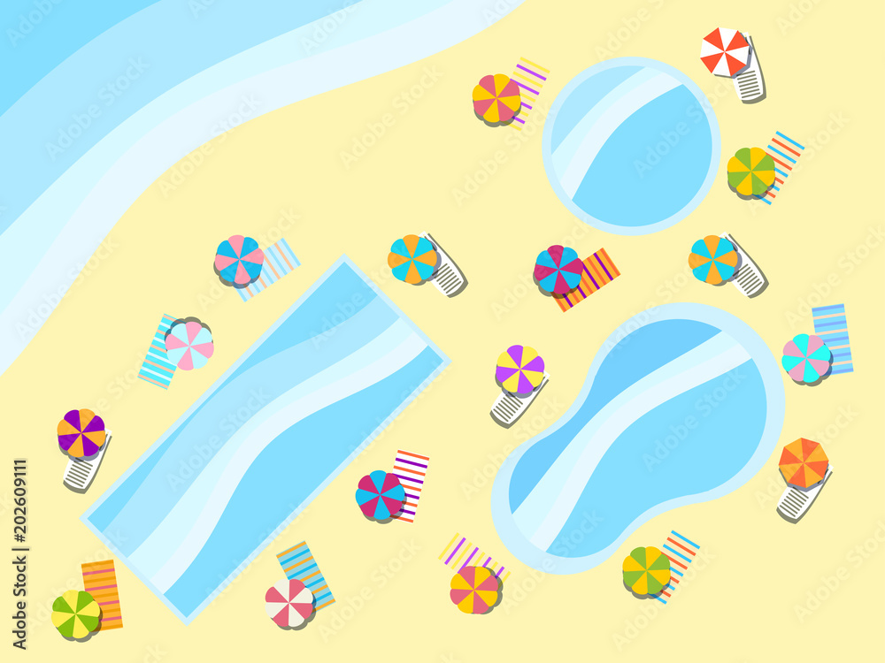 Swimming pool, top view. Sunbeds and umbrellas from the sun, rest at the pool. Vector illustration