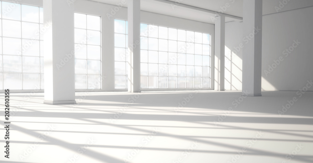 Fototapeta premium Empty modern bright interior with huge panoramic windows. 3d rendering