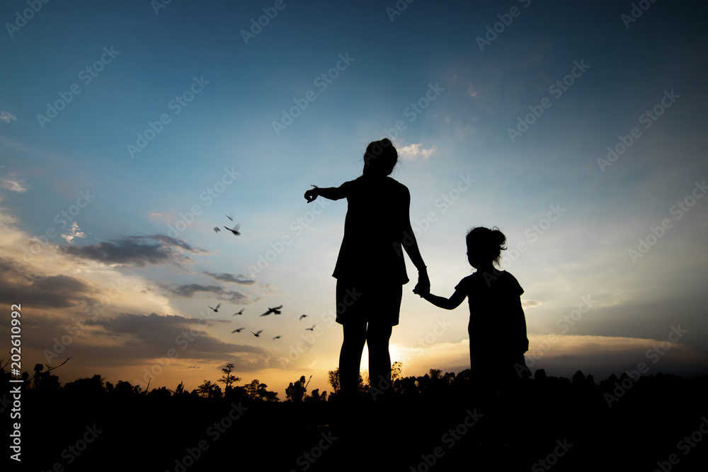 silhouette mother holding daughther looking bird flying, concept as freedom