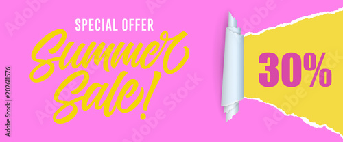 Special offer summer sale Thirty percent lettering. Tender inscription in pink and yellow colors. Handwritten text, calligraphy. Can be used for greeting cards, posters and leaflets