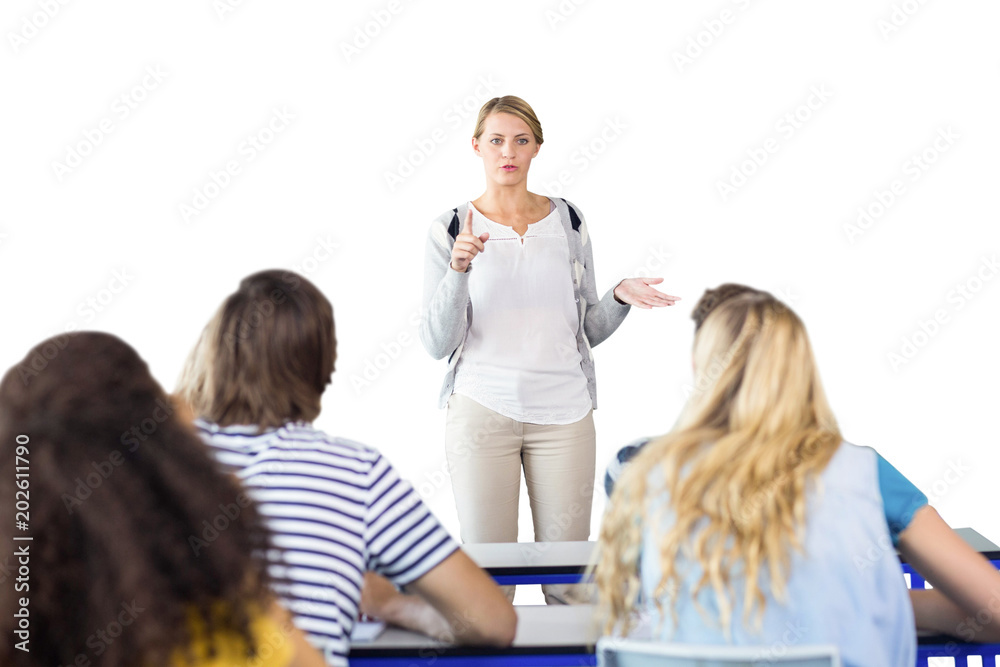 Obraz premium Teacher teaching students in class against white background with vignette