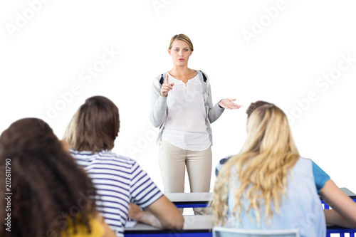 Teacher teaching students in class against white background with vignette