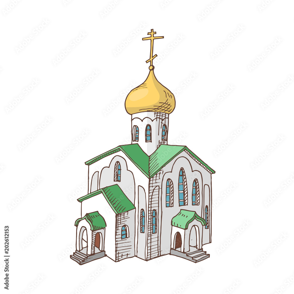 Hand drawn Russian orthodox church. Cult architecture. Religious object