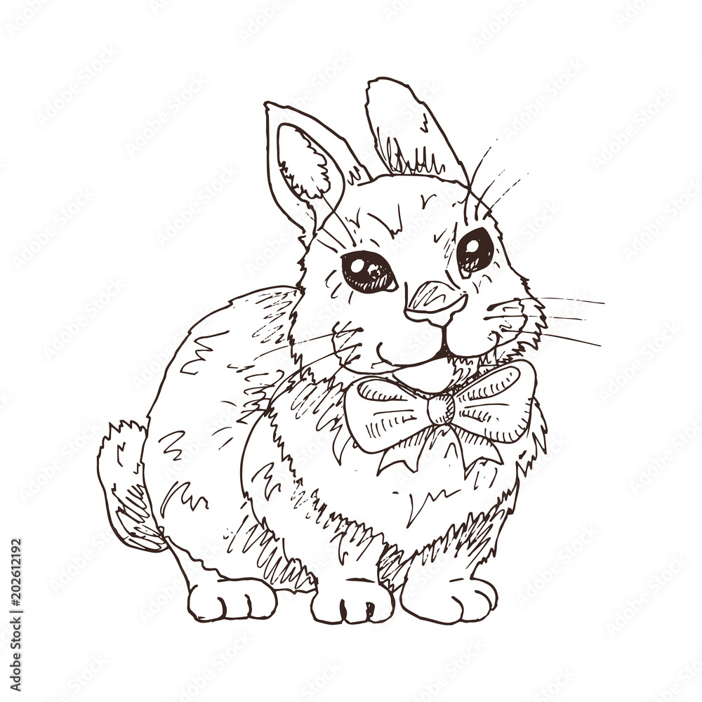 Hand drawn funny rabbit with bow tie in black and white. Children illustration. Cartoon character. Easter symbol. Hand drawn funny rabbit with bow tie in black and white. Children illustration. Cartoon character. Easter symbol.