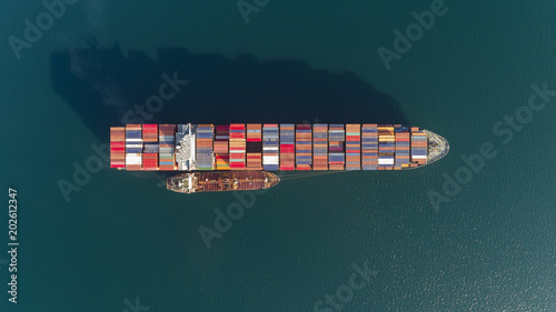 Top view of a large loaded container ship and a tanker standing side by side.