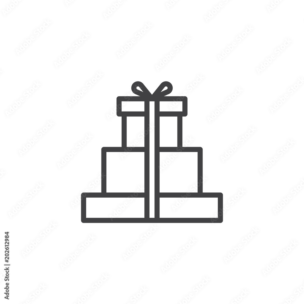 Gift boxes with bow and ribbon outline icon. linear style sign for mobile concept and web design. Present boxes stacked line vector icon. Symbol, logo illustration. Pixel perfect vector graphics Gift boxes with bow and ribbon outline icon. linear style sign for mobile concept and web design. Present boxes stacked line vector icon. Symbol, logo illustration. Pixel perfect vector graphics
