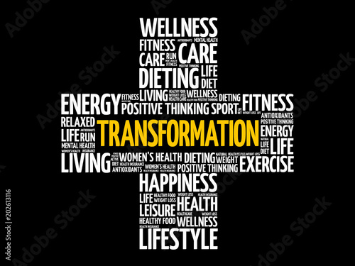 TRANSFORMATION word cloud collage, health cross concept