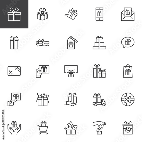 Gifts outline icons set. linear style symbols collection, line signs pack. vector graphics. Set includes icons as gift box with ribbon, present, package, surprise, birthday, bow, christmas, shopping