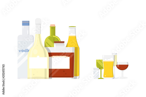 Five alcohol drink bottles with glasses for restaurant or pub.