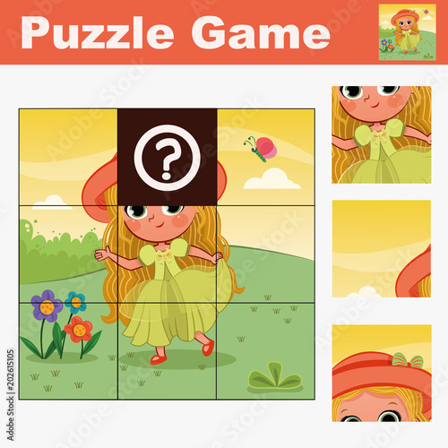 Puzzle education game for preschool children with fairy character. (Vector illustration)
