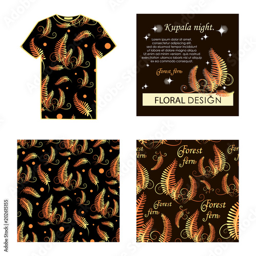 Kupala night. The golden fern. Set: T-shirt, postcard, pattern. Blossoming forest fern at night. Poster with place for text. The image can be used in perfumery, textile industry.