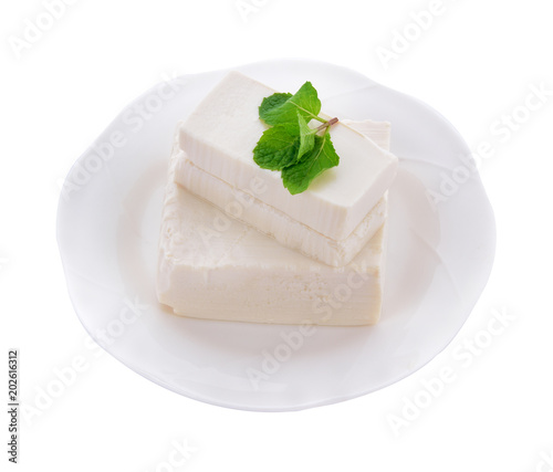 Tofu in white plate  isolated on white background