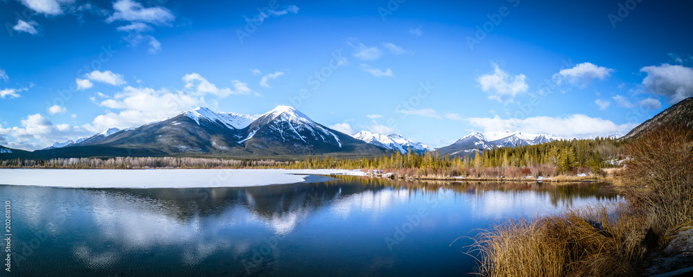 Vermilion lake at Banff National Park, Alberta, Canada. This photo was taken during the transition between winter and snow season. 