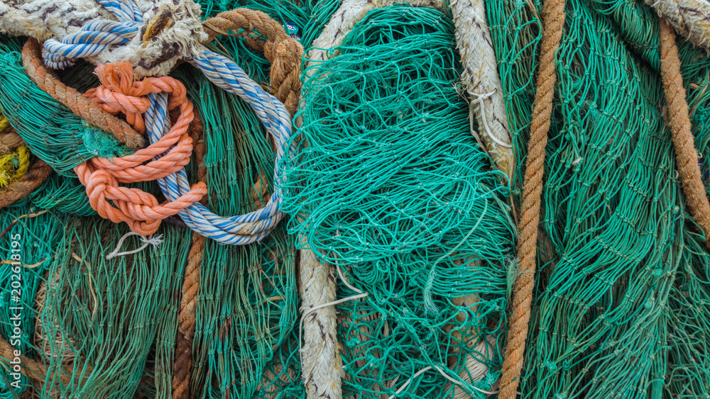 Old fishing green nets and ropes