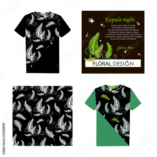 Forest fern. Kupala night. Set. T-shirt, postcard, pattern. Blossoming forest fern at night. Poster with place for text. The image can be used in perfumery, textile industry.