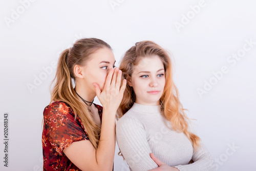 Two beautiful young girls share gossip