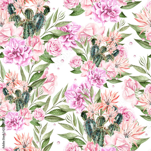 Beautiful Waterolor pattern with cactus and roses .