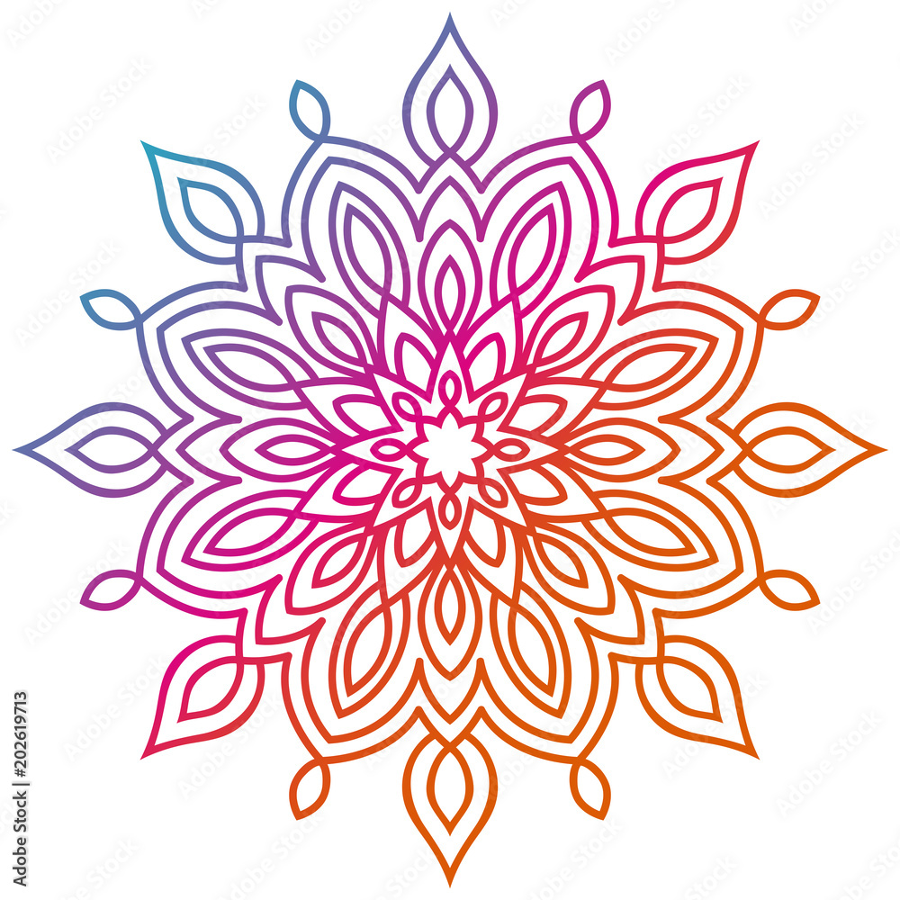Colorful gradient flower mandala. Hand drawn decorative element. Ornamental round doodle floral element isolated on white background. Vector illustration.