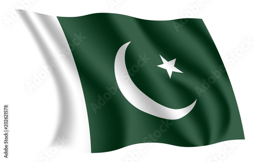 Pakistan flag. Isolated national flag of Pakistan. Waving flag of the Islamic Republic of Pakistan. Fluttering textile pakistani ensign. Flag of the Crescent and Star.