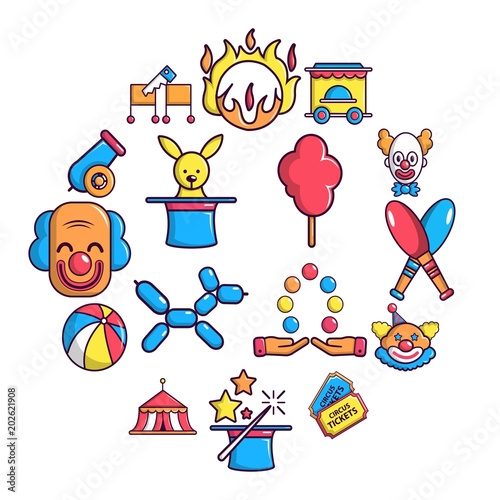 Circus icons set. Cartoon illustration of 16 circus vector icons for web