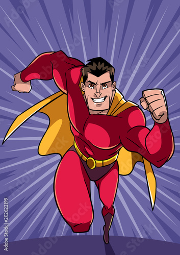 Full length front view of a powerful and muscular superhero running fast during courageous mission, on abstract background and some copy space.