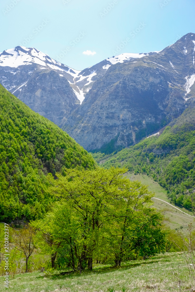 Trekking in Sibillini mountains. Sibilla and Vettore mountains, Marche , Italy