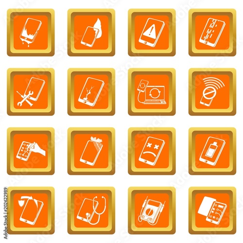 Repair phones fix icons set vector orange square isolated on white background 