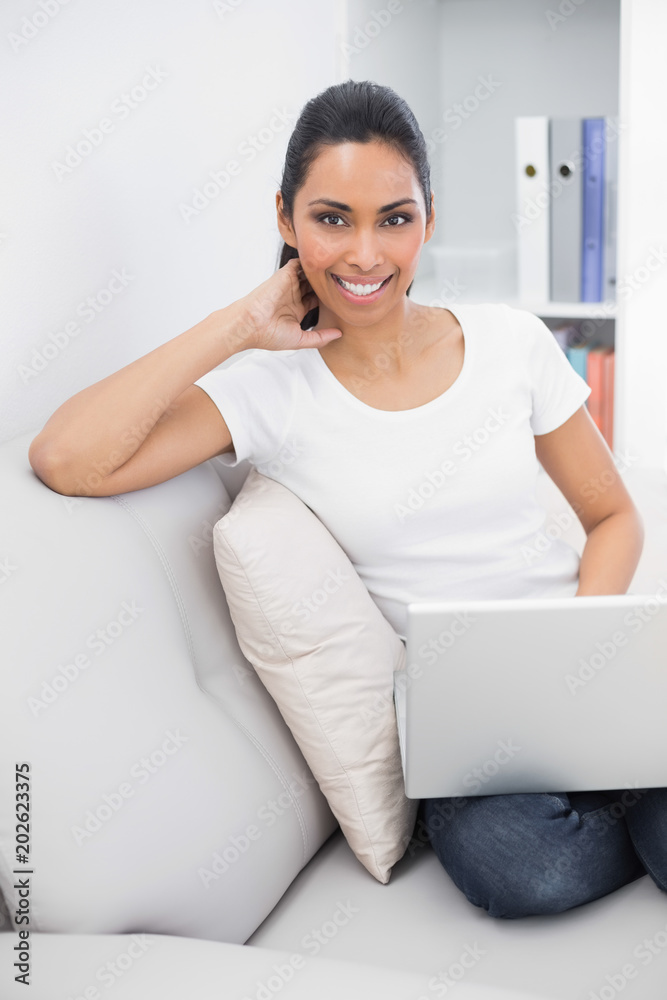 Gleeful young woman using her notebook sitting on couch Gleeful young woman using her notebook sitting on couch