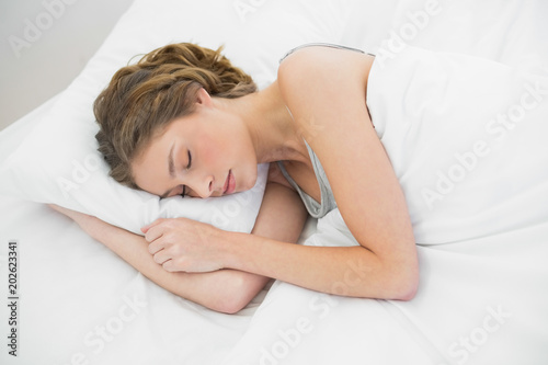 Beautiful peaceful woman napping under the cover on her bed