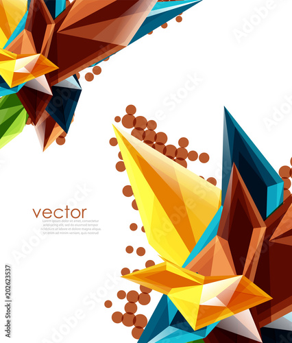 Color glass crystals on white background, geometric abstract composition with glass gemstones and copyspace, background template