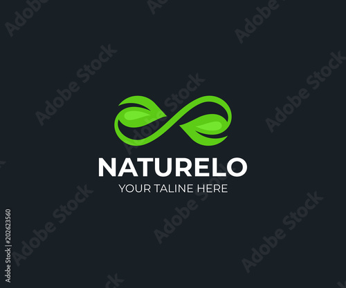 Green leaf infinity logo template. Leaves and infinity loop vector design. Natural organic logotype