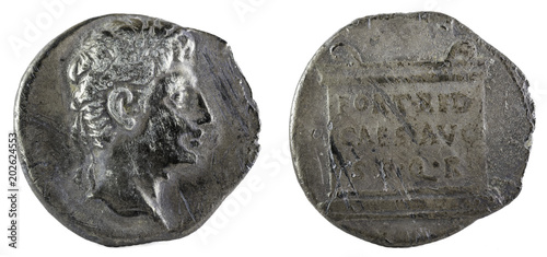 Octavian Augustus. Roman Republic Coin. Ancient Roman silver denarius of the family Julia. Coined in Colonia Patricia current Cordoba.