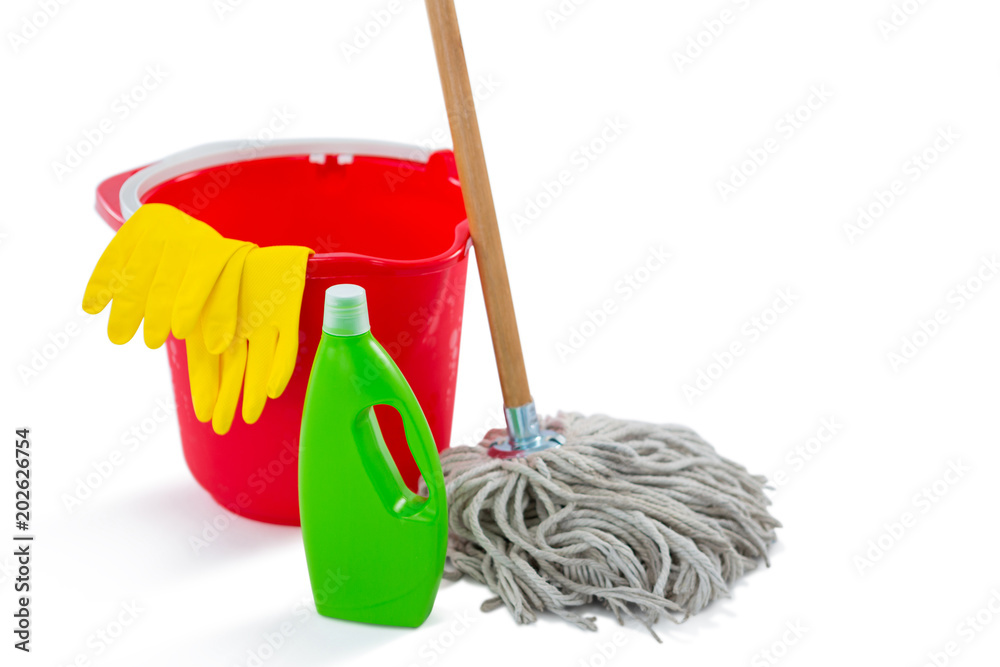 Φωτογραφία Close up of cleaning products and mop with bucket